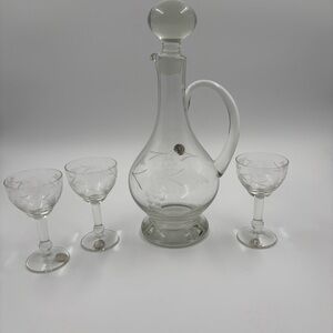 Vintage Romanian Hand-Blown Etched Glass Decanter & 3 Cordial Glasses Set Grape